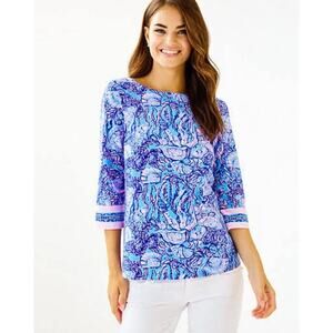Lilly Pulitzer Waverly 3/4 Sleeve Boatneck Blouse in Horseshoe Bay Blue Top Sz L